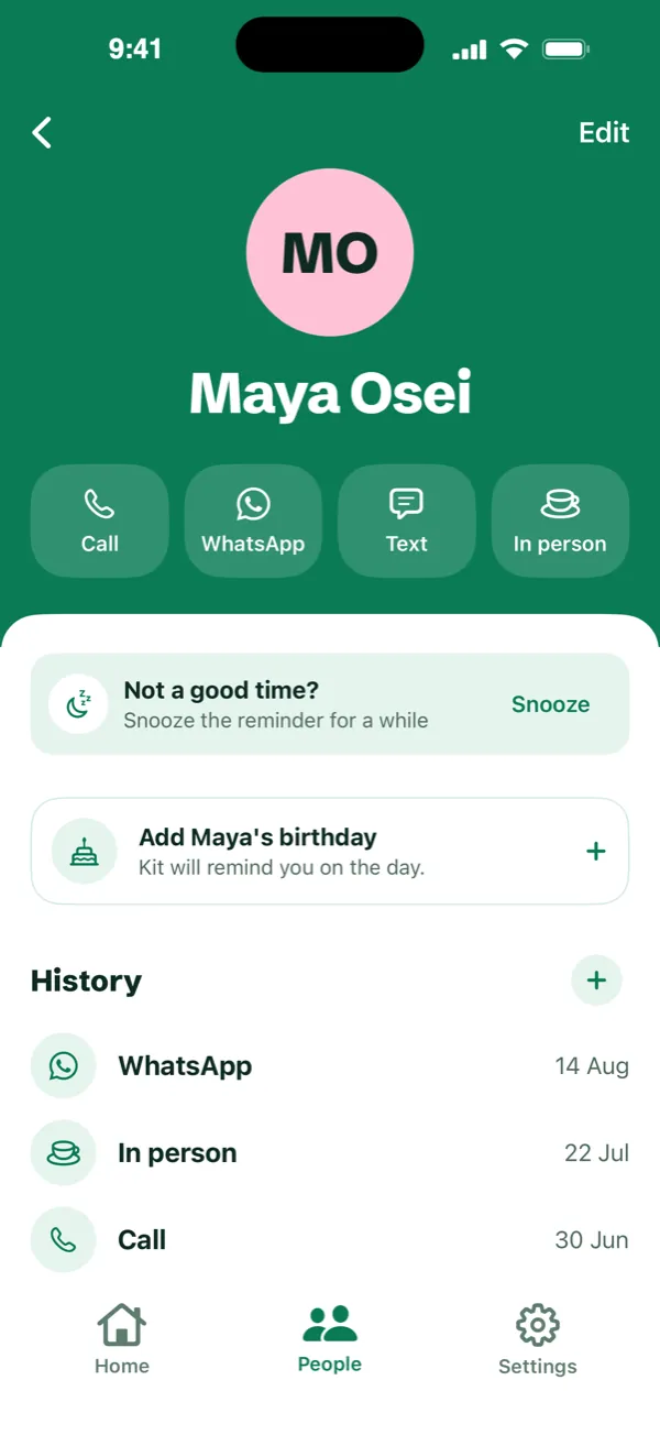 Maya Osei's page in Kit, with a card asking: Not a good time? Snooze the reminder for a while